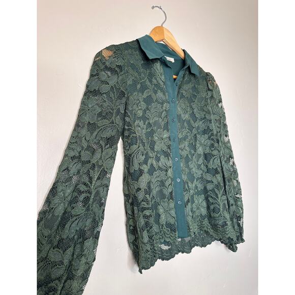Boutique Les Serein Grey Lace Long Sleeve Button Up Blouse. - Picture 2 of 5